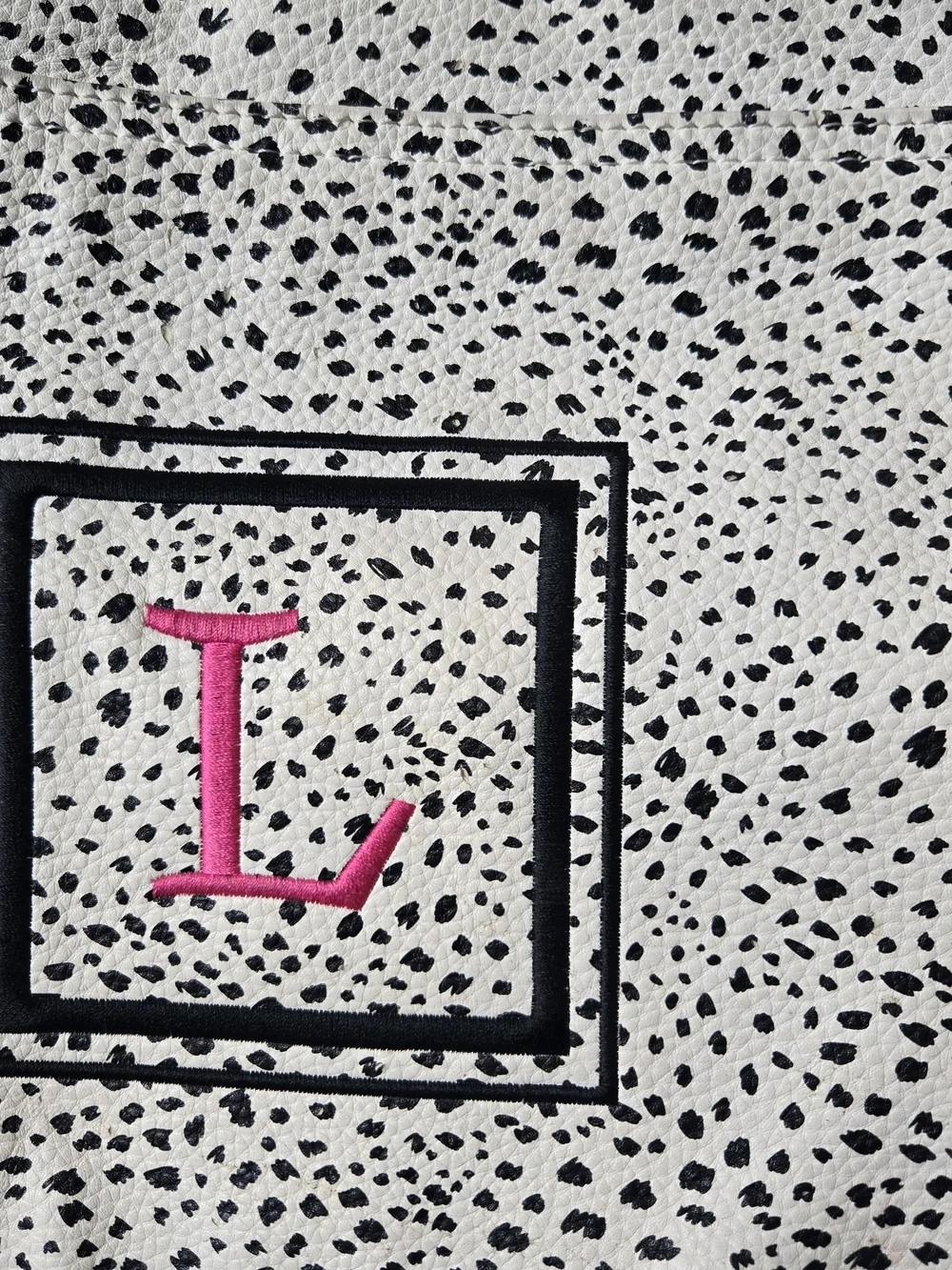 Faux Leather Pocket Tote with Black Trim and Pink Monogram L
